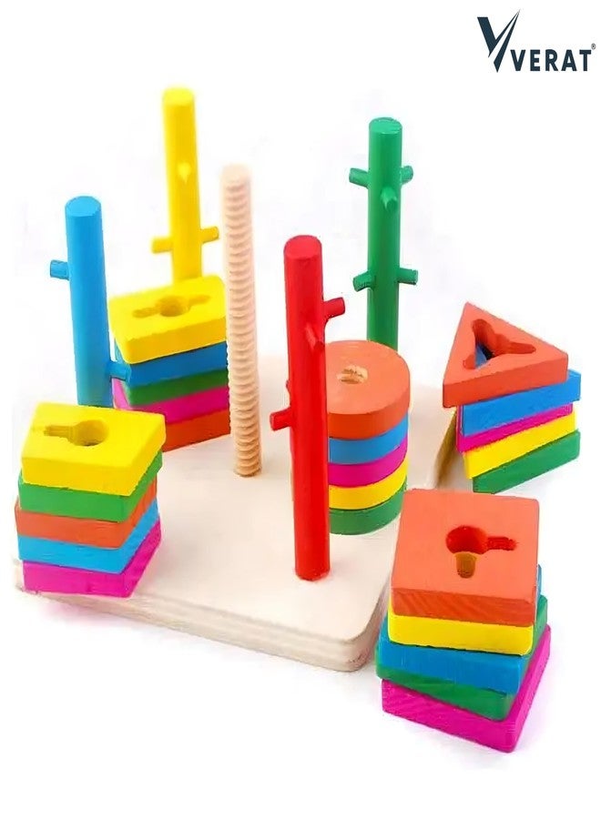 VERAT لعبة فرز وتكديس الأشكال الخشبية من فيرات، 4 أشكال، ألعاب فرز الأشكال للأطفال الصغار، لعبة تكديس مونتيسوري للتعرف على الألوان، ألغاز مكعبات تعليمية مبكرة للأطفال من عمر سنة إلى ثلاث سنوات، بنين وبنات - Image 3